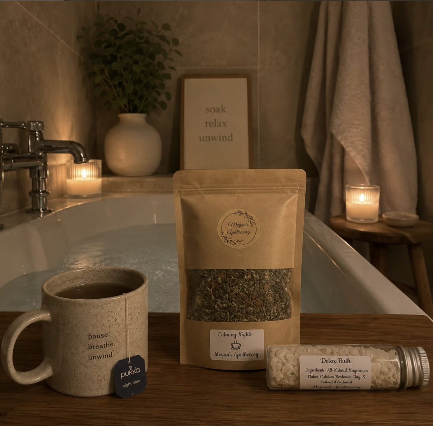 A pouch of Calming Nights tea, a mug and a tube of Detox Bath salts beside a candlelit bath
