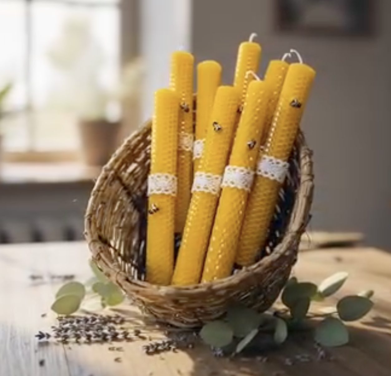 Rolled beeswax candles in a basket