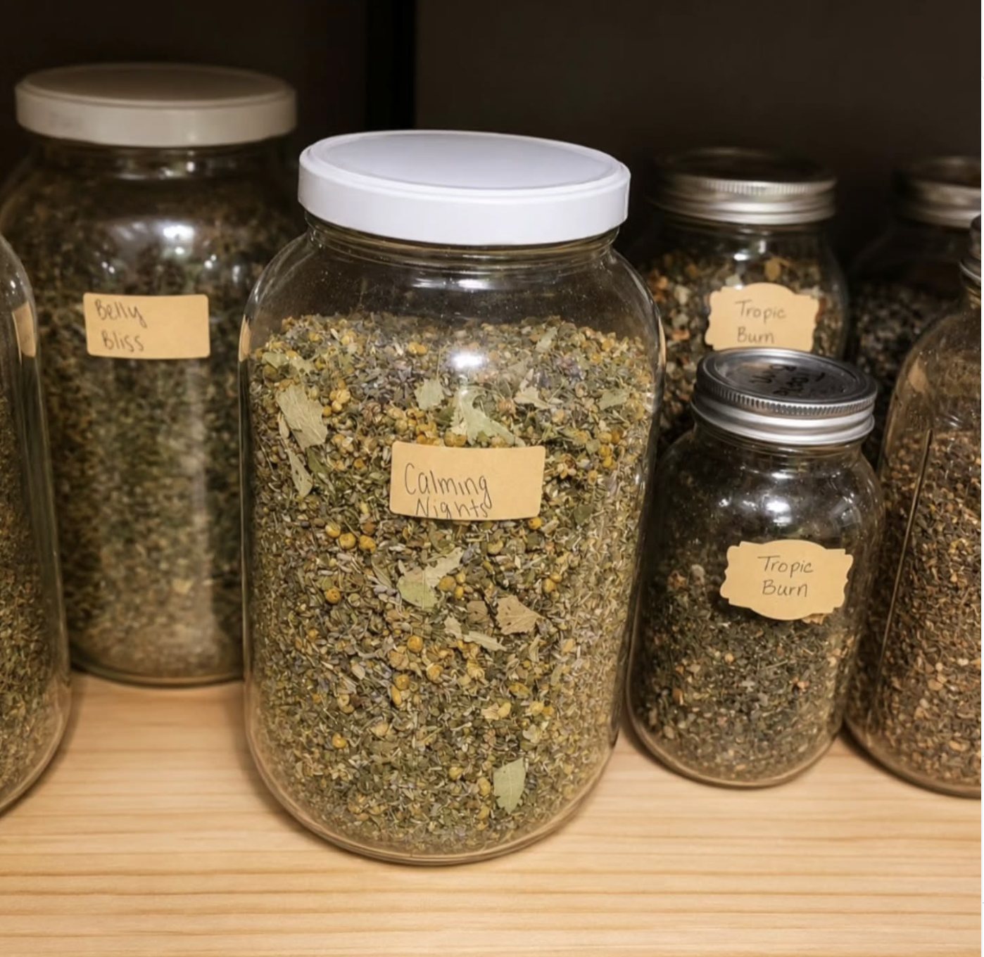 Hand-labelled jars of tea blends on a shelf