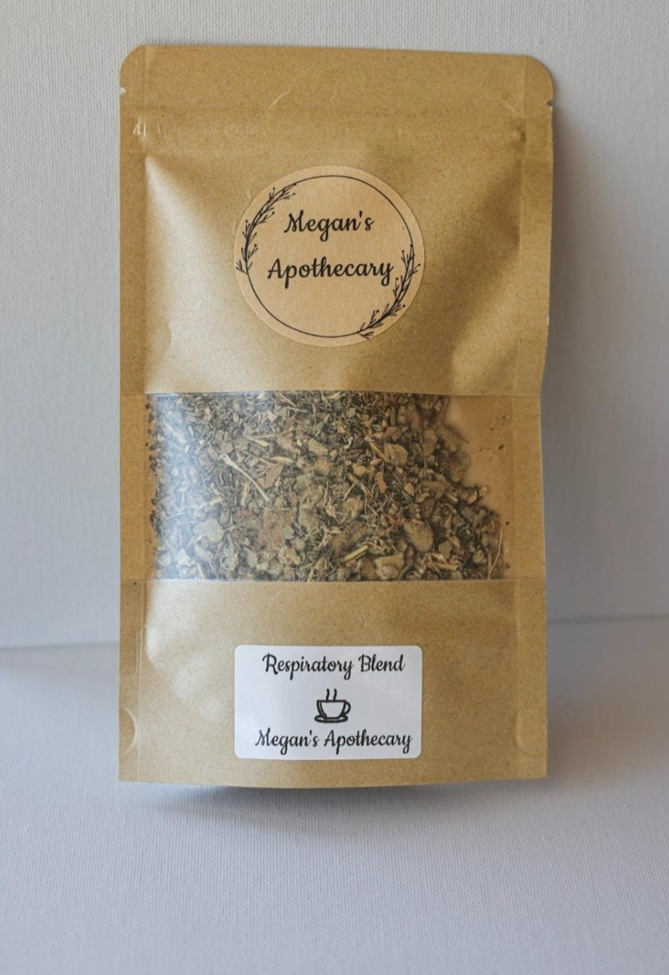 A kraft pouch of Respiratory Blend herbal tea