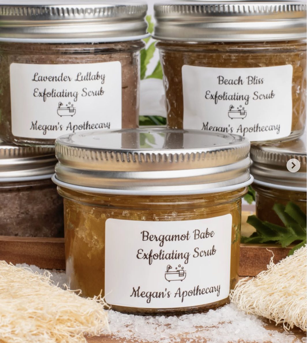 Jars of exfoliating scrub: Lavender Lullaby, Beach Bliss and Bergamot Babe