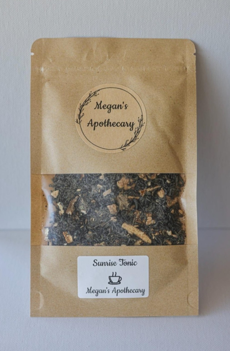 A kraft pouch of Sunrise Tonic loose leaf tea